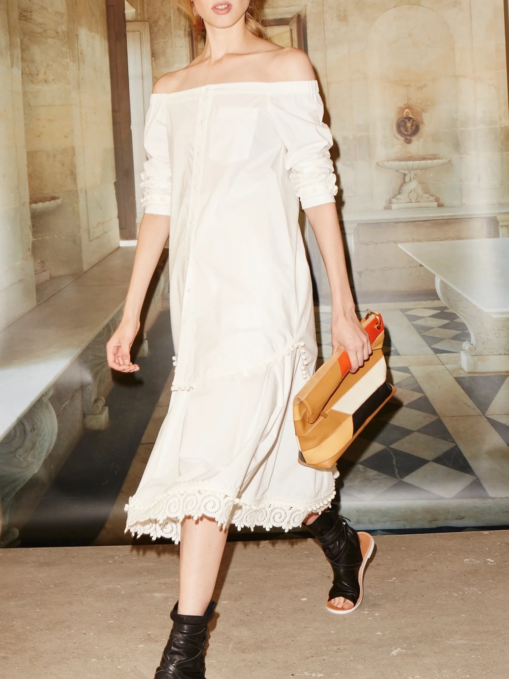 DEREK LAM 10 CROSBY Off-the-Shoulder Pom-Pom Tunic Shirt